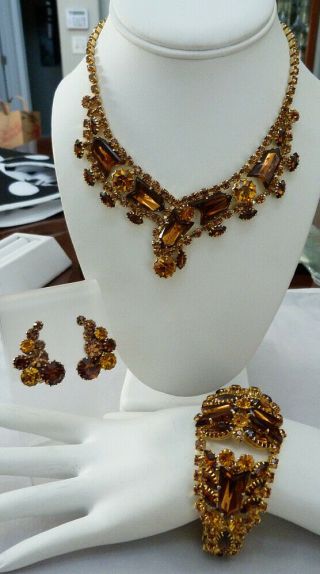 Vtg Delizza & Elster Juliana Large Amber Rhinestone Necklace Bracelet Earrings