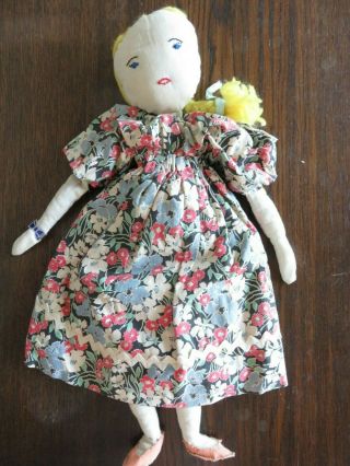 Antique Early Primitive Handmade Cloth Rag Doll Girl With Pony Tail