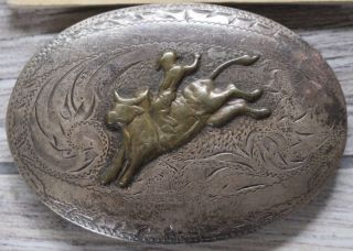 Vintage Tex Tan Western Leather Co Rodeo Bull Riding Trophy Belt Buckle Sterling