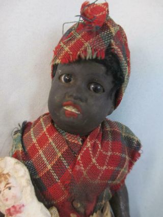 Antique German Painted Bisque Doll Glass Eyed Black Nanny & Stone Bisque Baby 6 "