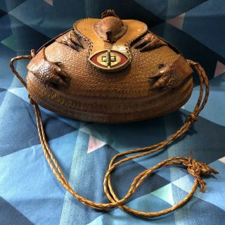 Vintage Armadillo Leather Purse / Handbag With Shoulder Strap And Mirror Inside