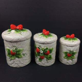 Vintage Sears Roebuck And Co - Strawberry Ceramic Canister Set Of 3 - 1981 Japan