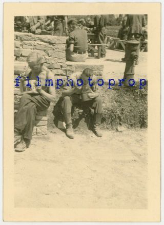 Wwii Us Gi Photo - German Pow Work Detail Eat At 18th Infantry Regiment Camp 2