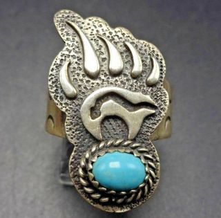 Vintage Navajo Sterling Silver Turquoise Bear Paw Ring Size 8 Sacred Bear Fetish