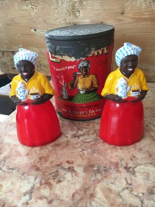 Vintage Luzianne Tin Coffee Can And Salt And Pepper Shakers