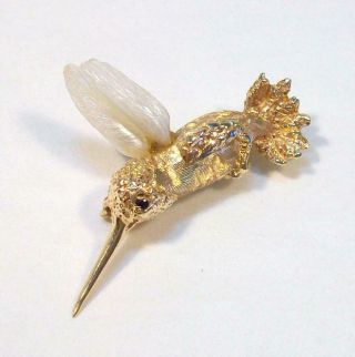 Fine Vintage Estate 14k Yellow Gold Hummingbird Pin - Real Stick Pearl Wings.