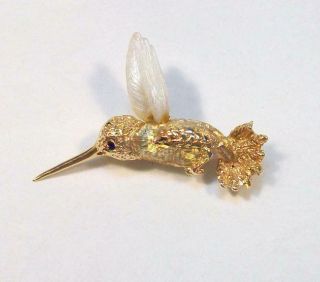 Fine Vintage Estate 14K Yellow Gold HUMMINGBIRD Pin - Real Stick PEARL Wings. 2