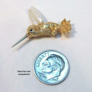 Fine Vintage Estate 14K Yellow Gold HUMMINGBIRD Pin - Real Stick PEARL Wings. 3