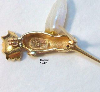 Fine Vintage Estate 14K Yellow Gold HUMMINGBIRD Pin - Real Stick PEARL Wings. 7
