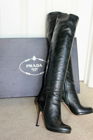 Prada Thigh High Boots Women’s Sz 38 Dustbag Rare Dark Green