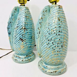 Mid Century Pottery Lamp Pair Vintage Aqua Blue Gold Speckle Sea Shell Ribbed