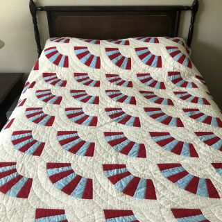 Vintage Handmade Hand Quilted Red Blue Fan Block Quilt 76.  5 " X 66.  5 "