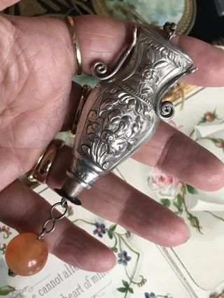 Unusual Antique Chinese Sterling Silver/jade Vase Chatelaine Pendant/needle Case