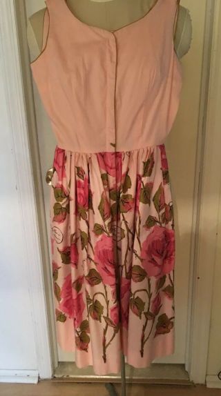 Vintage Loungees 1950s Dress Pink Cotton Rose Print Sleeveless Fitted Waist S