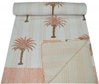 Indian Kantha Quilt Bedspreads Blanket Cotton Handmade Bedding Palm Tree Vintage