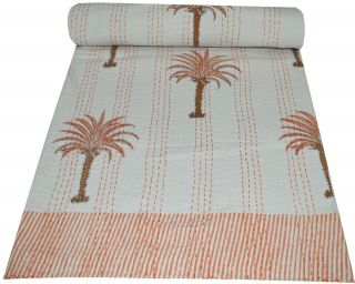 Indian Kantha Quilt Bedspreads Blanket Cotton Handmade Bedding Palm Tree Vintage 2