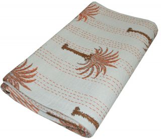 Indian Kantha Quilt Bedspreads Blanket Cotton Handmade Bedding Palm Tree Vintage 3