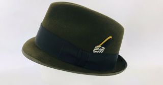 Vintage Royal Stetson Fedora Hat With Feather Olive Green Size 7 - 5/8