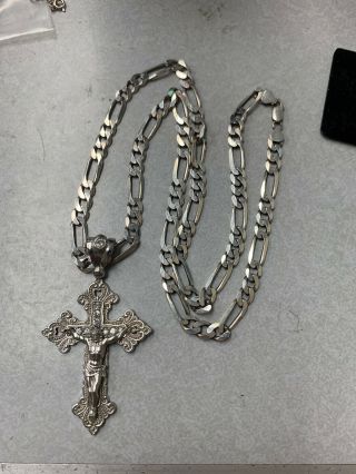 Sterling Silver Italy 30” Figaro Link Chain & 3” Crucifix Cross Vintage & Heavy