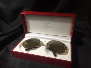 Vintage Cartier Paris Made France Rimless Gold Plated 18k Sunglasses W Orig Box