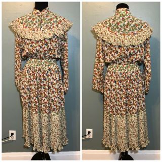 Vtg Diane Freis Georgette Dress Floral Print Tassels Pleated Sleeves