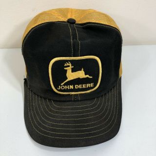 Vintage John Deere Louisville Mfg Mesh Trucker Snapback Hat Cap 2 Tone Yellow