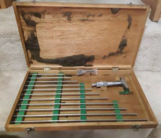 Vintage Mitutoyo Depth Micrometer Gauge Set In Wood Case Model 129 - 149