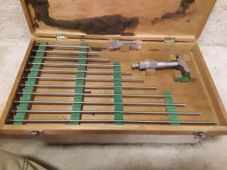 VINTAGE MITUTOYO DEPTH MICROMETER GAUGE SET IN WOOD CASE Model 129 - 149 2