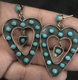 Vintage Taxco 925 Silver Heart Shaped Earrings With Turquoise Color Accen