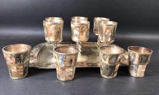 Vtg Set 6 Alpaca Silver Cordial Goblets,  Tray & 4 Shot Glasses Abalone Mexico 2a