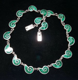 Vintage Sterling Silver Signed Taxco Malachite Necklace 16.  5 "