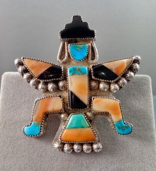 Vintage Zuni Knifewing Kachina Inlaid Pendant Brooch Turquoise Coral Jet