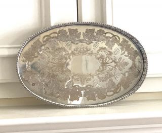 Vintage Chased Sheffield Silver Plate Oval Pierced Gallery Tray Grapes