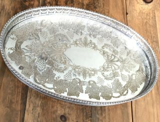 Vintage CHASED SHEFFIELD SILVER PLATE OVAL PIERCED GALLERY TRAY Grapes 2