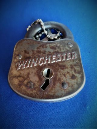 Orig Vintage Antique Winchester Repeating Arms Rifle Co Knife Padlock Lock W Key