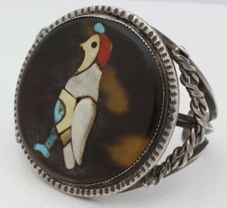 Vintage Zuni Sterling Silver & Multistone Inlay Quail Cuff Bracelet