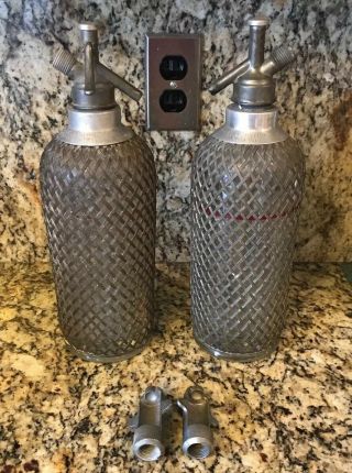 2 Vintage Seltzer Bottle Soda Siphon Wire Mesh Czech Glass Sparklets Ny 