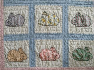 Baby Quilt Vintage Bunny Appliques Hand Quilted Machine Pieced Flour Sack Fabric