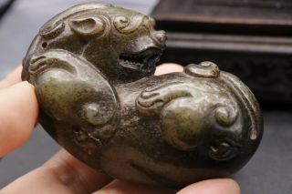 Chinese Vintage Sinkiang Jade Wallowing Lucky Beast Jian Yuan Totem Carving 187g