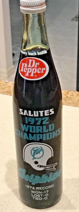 Vintage Dr.  Pepper 1972 Miami Dolphins Orange Bowl Souvenir Bottle Full