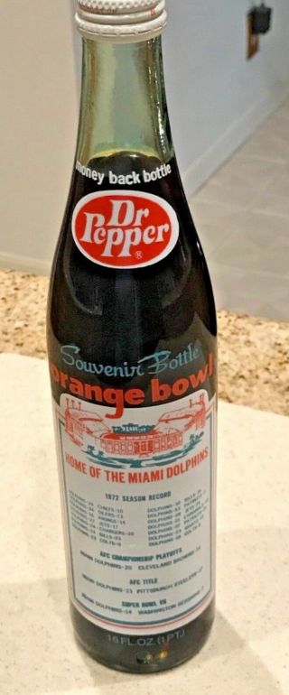 Vintage Dr.  Pepper 1972 Miami Dolphins Orange Bowl Souvenir Bottle Full 4