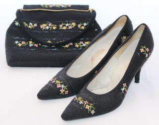 Rare Set Vintage 1950s Lily Black Glass Beaded Floral Embroidered Purse & Shoes