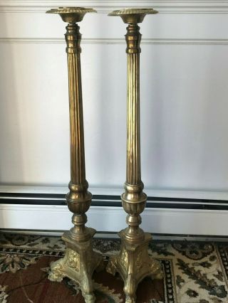 Vintage Antique Solid Brass Ornate Church Altar Candlestick Holders 30 "