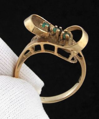 1960s - Vintage 10k Rose Gold W/ 3 Emeralds Modernist Ring - Size 7.  5 - Hallmark