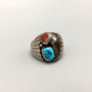 Vintage Coral And Turquoise,  Sterling Silver Ring - Size 12