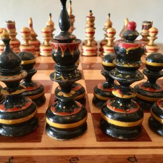 Vintage Soviet Chess Set Hand Painted Wood.