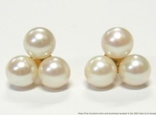 Vintage 14k Gold 6.  5mm Cultured Akoya Pearl Earrings 3 Stone Cluster Large Studs