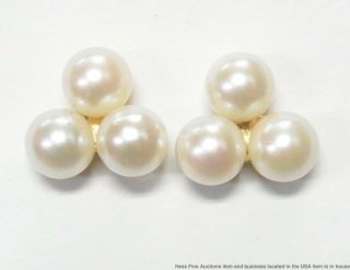 Vintage 14k Gold 6.  5mm Cultured Akoya Pearl Earrings 3 Stone Cluster Large Studs 2