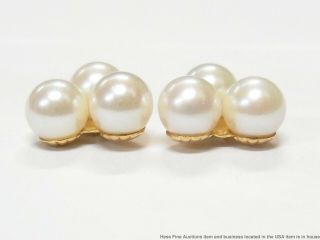 Vintage 14k Gold 6.  5mm Cultured Akoya Pearl Earrings 3 Stone Cluster Large Studs 3