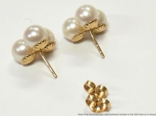 Vintage 14k Gold 6.  5mm Cultured Akoya Pearl Earrings 3 Stone Cluster Large Studs 4